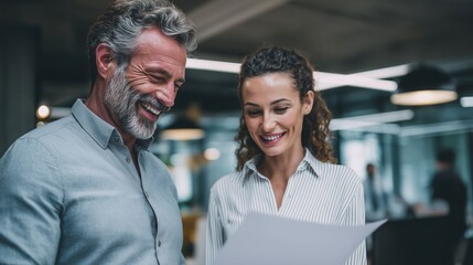 In a contemporary office space, a businessman and a businesswoman are engaged in a focused discussion while reviewing important documents together. The businessman and businesswoma
