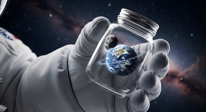 Astronaut hand holds jar containing Earth in cosmos. Conceptual, fantasy illustration for space exploration, environmental awareness posters.