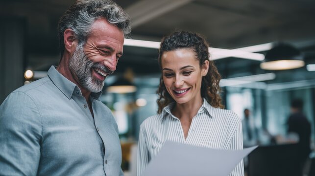 In a contemporary office space, a businessman and a businesswoman are engaged in a focused discussion while reviewing important documents together. The businessman and businesswoma