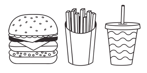 A simple line drawing depicts a hamburger, french fries, and a drink with a straw.