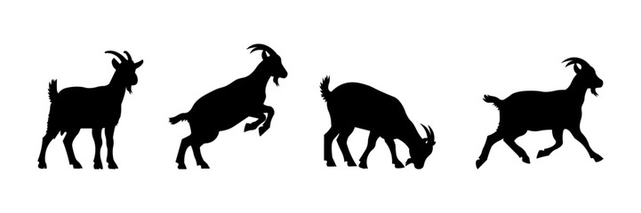 Goat silhouette set in standing, jumping, grazing, and walking poses, farm animal vector collection for livestock, agriculture, and nature design elements.