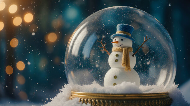 Charming snowman in a festive snow globe with bokeh lights