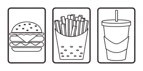 A simple illustration shows a burger, french fries, and a drink in separate frames.