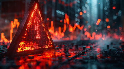 Dramatic Financial Scene with Plunging Stock Market Chart and Red Warning Sign
