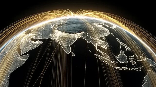 Illuminated globe showcasing global connectivity with light trails over Asia and surrounding regions