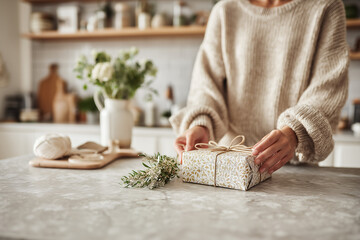 Hands wrapping Christmas gift on kitchen counter