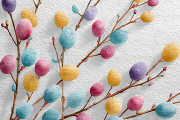 soft watercolor painted eggs and branches on white paper texture forming hand painted artistic look