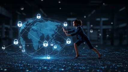 A businesswoman pushes against a digital world map overlaid with padlocks, signifying network security - Powered by Adobe
