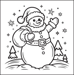 Naklejka premium Christmas snowman coloring page for kids, black line art vector illustration for holiday crafts and activities design