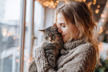 Woman hugging cat by holiday window lights