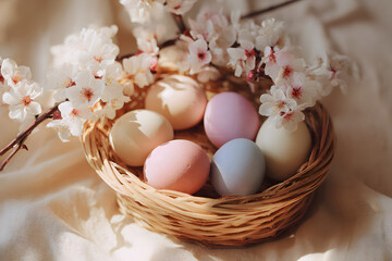 soft wicker basket with pastel eggs and blossoms in warm light creating a peaceful spring aesthetic