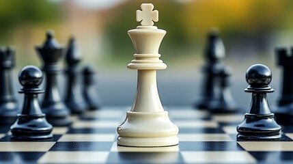 Chess board with white king in focus.