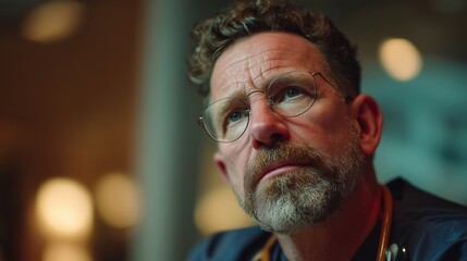 In a softly illuminated room, a thoughtful male doctor, wearing a medical uniform, is deeply engaged in contemplation regarding his responsibilities. This doctor represents the wei