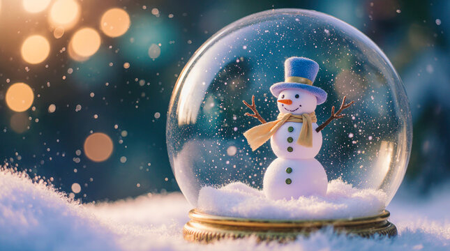 Charming snowman in a snow globe with bokeh lights