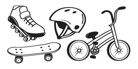 A collection of sporting equipment for outdoor activities includes a roller skate, skateboard, helmet, and bicycle.