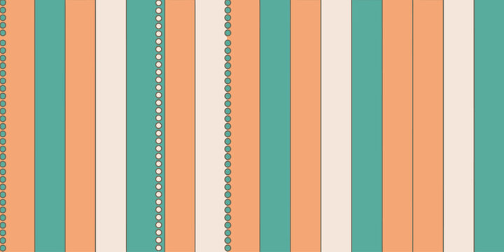 A repeating pattern of vertical stripes in teal peach and cream with lines of circles on the edges