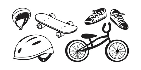 A collection of sports equipment including helmets, a skateboard, a bicycle, and shoes.