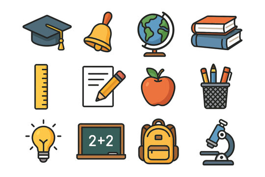 School icons collection featuring education tools and symbols.