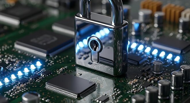 Cybersecurity padlock on circuit board symbolizing data protection.