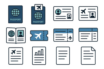 Travel documents icons: passport, id, ticket, boarding pass, itinerary, application forms set.