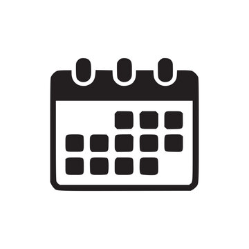 A simple black and white calendar icon with days marked out on a white background space for planning