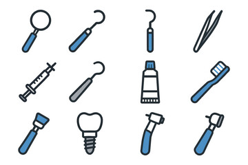 Dental tools icons set representing various instruments for oral care and hygiene.