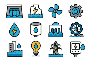 Hydropower energy icons set: turbine, dam, generator, water conservation symbols.