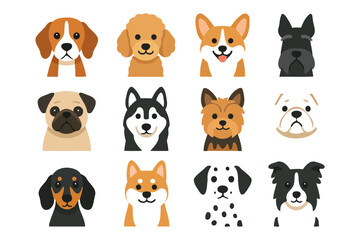 Naklejka premium Collection of cute dog breed faces in cartoon style.