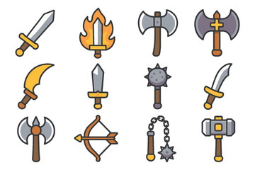 Fototapeta premium Medieval weapon collection: swords, axes, mace, bow, hammer icons.