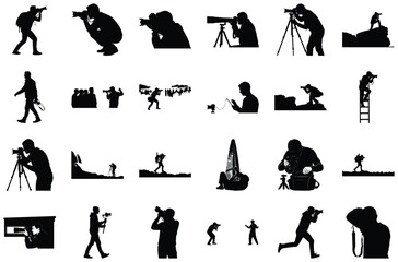 Silhouettes of Photographers in Various Poses and Settings Keywords: photographer, silhouette