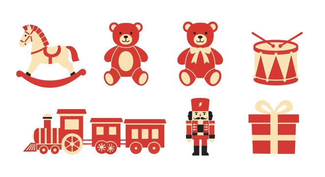 Collection of Classic Christmas Toys Rocking Horse Teddy Bears Train Drum Nutcracker and Gift.