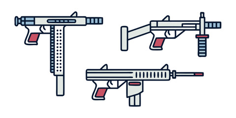 Three stylized submachine guns are depicted in a flat illustration style.