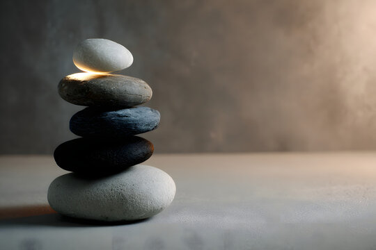 stacked smooth glow in the dark stones on neutral surface creating a tranquil minimal zen backdrop