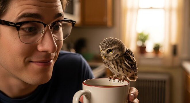 A young man with glasses smiling at a small owl perched on a white coffee mug in a home setting.