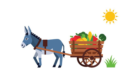 A gray donkey carrying a wooden cart filled with fresh produce and sunshine