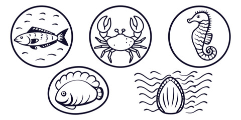 A collection of diverse seafood illustrations including fish, crab, seahorse, and shellfish.