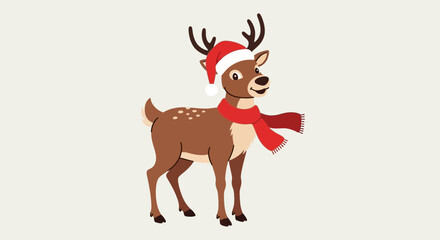 Festive Reindeer with Santa Hat and Scarf Illustration.