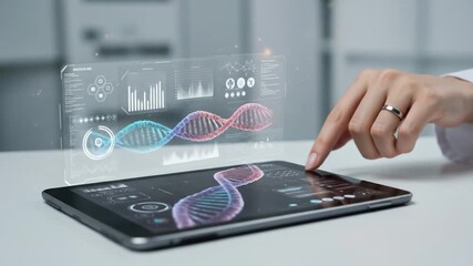 A digital DNA strand graphic hovers above a tablet, touched by a finger, implying medical analysis. Data charts are visible - Powered by Adobe