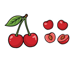 Red Cherries Vector Illustration, Pair of Berries with Stems and Slices Isolated on White Background
