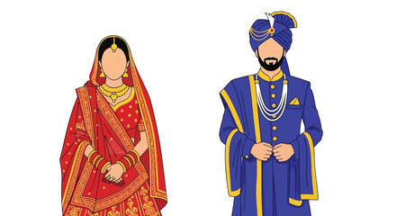 Illustration of a traditionally dressed indian couple in wedding attire