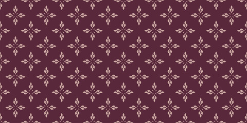 Naklejka premium Delicate minimal floral ornament. Elegant vector geometric seamless pattern with small flowers, leaves. Simple minimalist oriental background texture. Maroon and pink color. Repeating design for print