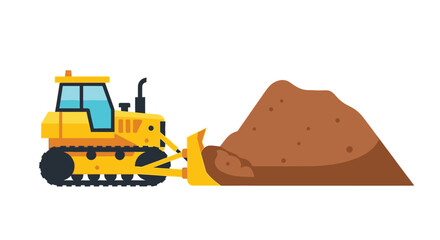 Cartoon illustration of a yellow bulldozer pushing a pile of dirt
