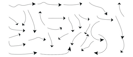 Set of curved dotted line arrow set. Squiggly dotted arrow, vector dashed curved line arow set. Curved dotted line arrow set. 