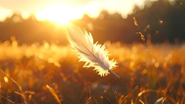 Floating feather in golden sunlight serene nature scene