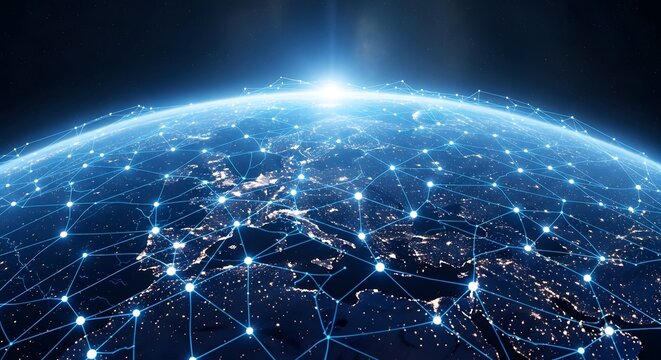 Global network connection with city lights and bright horizon