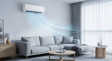 Efficient wall-mounted air conditioner quietly whisking refreshing cool air throughout a stylish, comfortable modern living space