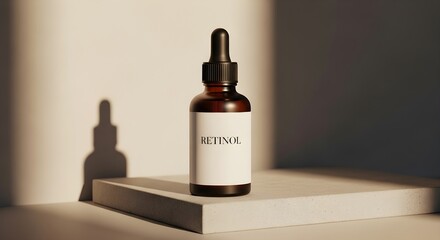 Minimalist retinol serum bottle on a pedestal, highlighting elegance and skincare innovation.