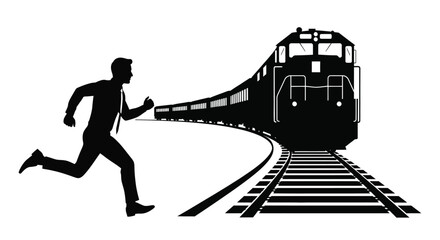A man running alongside a speeding train on railway tracks