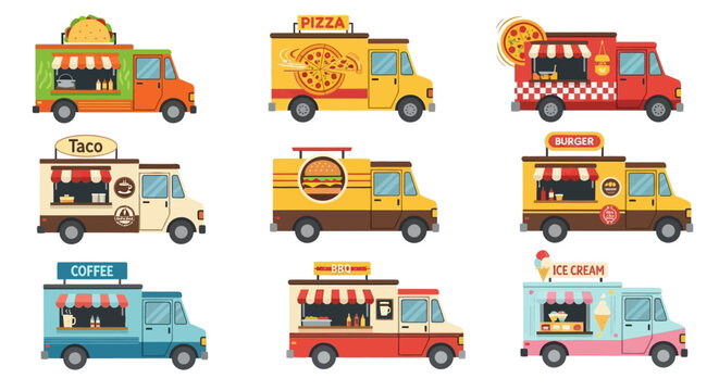 Food Trucks Culinary Delights on Wheels, Colorful Icon Set