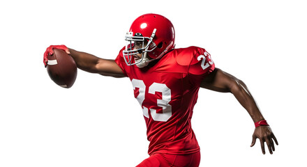 American football player in red uniform holding a brown football with white stripes isolated on a transparent background